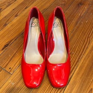 Red patent leather square toe high heel